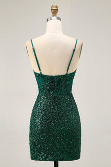 Sparkly Dark Green Sequins V-Neck Short Corset Homecoming Dress