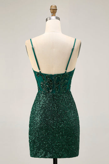 Sparkly Dark Green Sequins V-Neck Short Corset Homecoming Dress