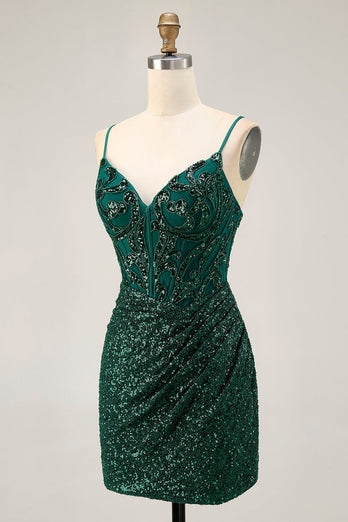 Sparkly Dark Green Sequins V-Neck Short Corset Homecoming Dress