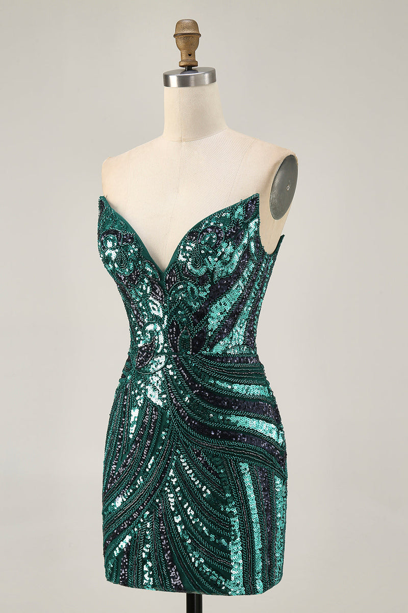 Load image into Gallery viewer, Sparkly Royal Blue Tight Beaded Strapless Short Homecoming Dress