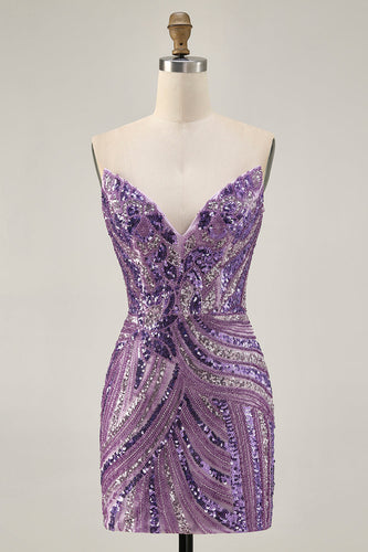 Sparkly Purple Beaded Tight Strapless Short Homecoming Dress