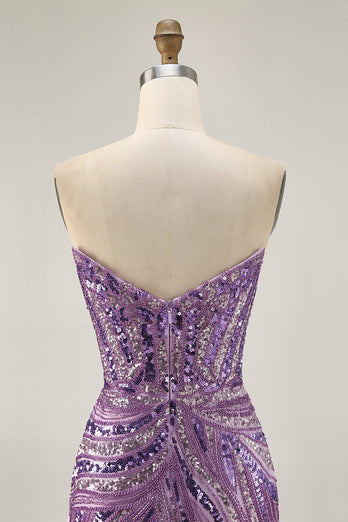 Sparkly Purple Beaded Tight Strapless Short Homecoming Dress
