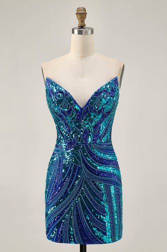 Sparkly Royal Blue Tight Beaded Strapless Short Homecoming Dress