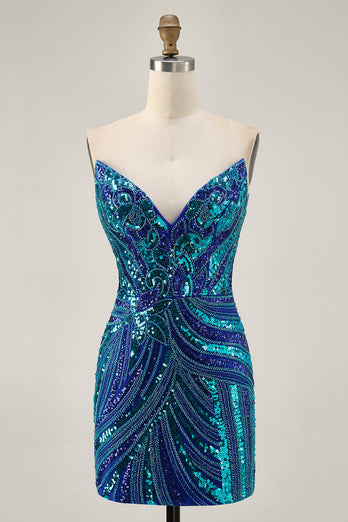 Sparkly Royal Blue Tight Beaded Strapless Short Homecoming Dress