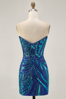 Sparkly Royal Blue Tight Beaded Strapless Short Homecoming Dress