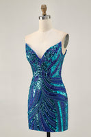 Load image into Gallery viewer, Sparkly Royal Blue Tight Beaded Strapless Short Homecoming Dress