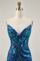 Load image into Gallery viewer, Sparkly Royal Blue Tight Beaded Strapless Short Homecoming Dress