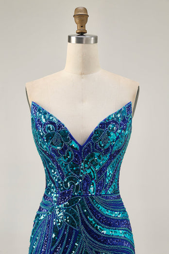 Sparkly Royal Blue Tight Beaded Strapless Short Homecoming Dress