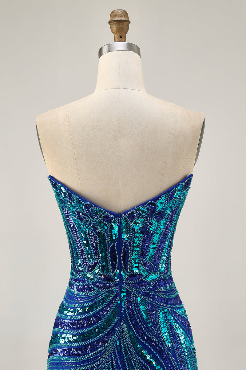 Load image into Gallery viewer, Sparkly Royal Blue Tight Beaded Strapless Short Homecoming Dress