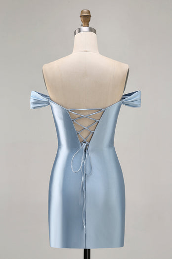 Grey Blue Satin Off the Shoulder Ruched Short Homecoming Dress