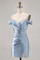 Load image into Gallery viewer, Grey Blue Satin Off the Shoulder Ruched Short Homecoming Dress