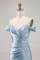 Load image into Gallery viewer, Grey Blue Satin Off the Shoulder Ruched Short Homecoming Dress