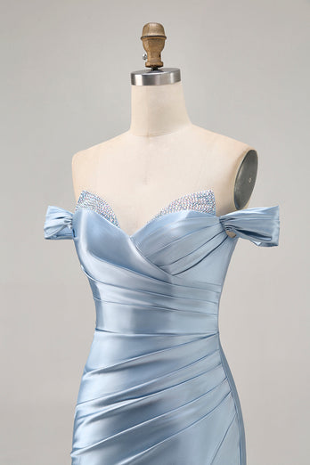Grey Blue Satin Off the Shoulder Ruched Short Homecoming Dress