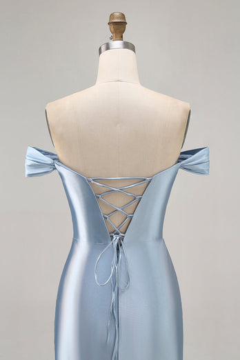 Grey Blue Satin Off the Shoulder Ruched Short Homecoming Dress