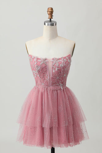Sparkly Dusty Rose Tulle Tiered Short Corset Homecoming Dress with Beading