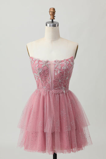 Sparkly Dusty Rose Tulle Tiered Short Corset Homecoming Dress with Beading