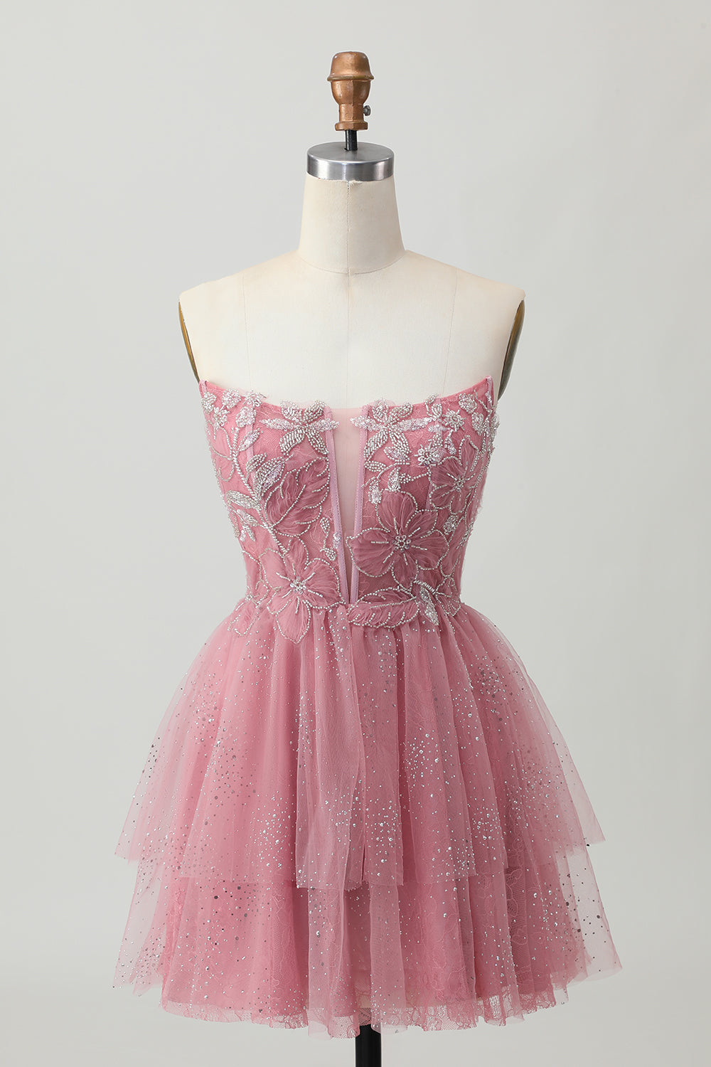Sparkly Dusty Rose Tulle Tiered Short Corset Homecoming Dress with Beading