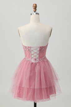 Sparkly Dusty Rose Tulle Tiered Short Corset Homecoming Dress with Beading