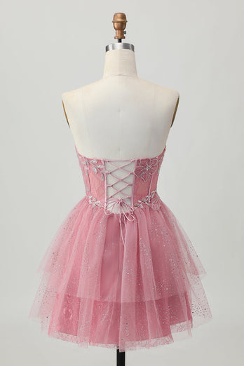 Sparkly Dusty Rose Tulle Tiered Short Corset Homecoming Dress with Beading