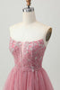 Load image into Gallery viewer, Sparkly Dusty Rose Tulle Tiered Short Corset Homecoming Dress with Beading