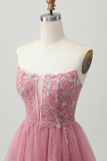 Sparkly Dusty Rose Tulle Tiered Short Corset Homecoming Dress with Beading