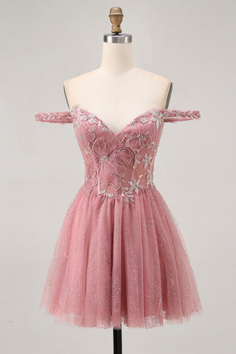 Sparkly Floral Dusty Rose Lace Short Corset Homecoming Dress