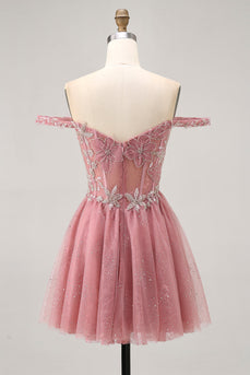 Sparkly Floral Dusty Rose Lace Short Corset Homecoming Dress