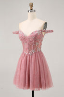 Load image into Gallery viewer, Sparkly Floral Dusty Rose Lace Short Corset Homecoming Dress