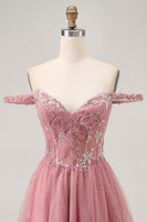 Load image into Gallery viewer, Sparkly Floral Dusty Rose Lace Short Corset Homecoming Dress