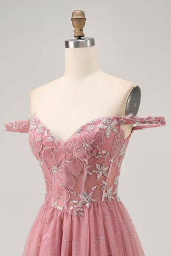 Sparkly Floral Dusty Rose Lace Short Corset Homecoming Dress