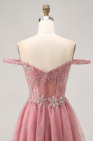 Load image into Gallery viewer, Sparkly Floral Dusty Rose Lace Short Corset Homecoming Dress