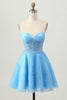 Load image into Gallery viewer, Floral Blue Spaghetti Straps Short Corset Homecoming Dress with Lace