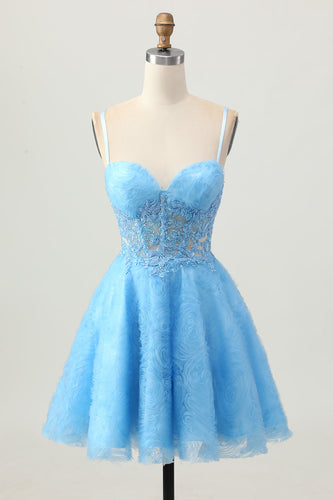 Floral Blue Spaghetti Straps Short Corset Homecoming Dress with Lace