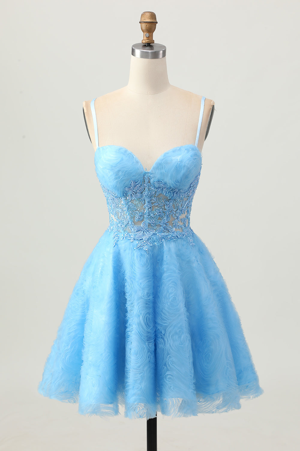 Floral Blue Spaghetti Straps Short Corset Homecoming Dress with Lace