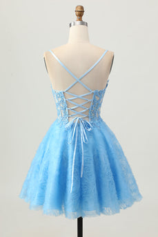 Floral Blue Spaghetti Straps Short Corset Homecoming Dress with Lace