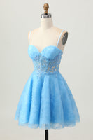 Load image into Gallery viewer, Floral Blue Spaghetti Straps Short Corset Homecoming Dress with Lace