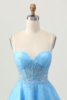 Load image into Gallery viewer, Floral Blue Spaghetti Straps Short Corset Homecoming Dress with Lace