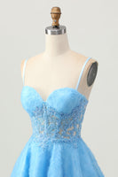 Load image into Gallery viewer, Floral Blue Spaghetti Straps Short Corset Homecoming Dress with Lace