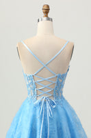 Load image into Gallery viewer, Floral Blue Spaghetti Straps Short Corset Homecoming Dress with Lace