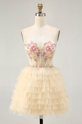 Floral Apricot Short Corset Tiered Homecoming Dress with Ruffles