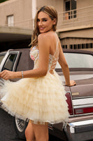 Load image into Gallery viewer, Floral Apricot Short Corset Tiered Homecoming Dress with Ruffles