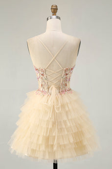 Floral Apricot Short Corset Tiered Homecoming Dress with Ruffles