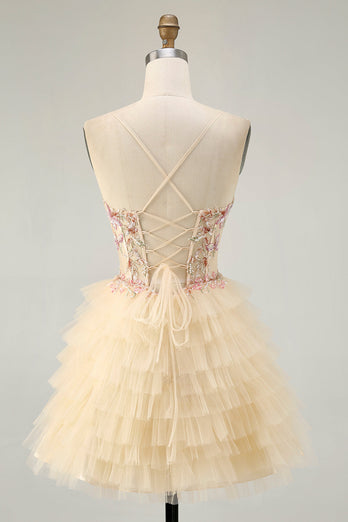 Floral Apricot Short Corset Tiered Homecoming Dress with Ruffles