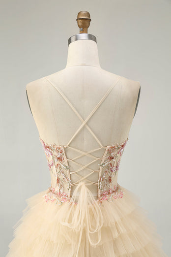 Floral Apricot Short Corset Tiered Homecoming Dress with Ruffles