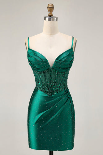 Sparkly Dark Green Satin Corset Short Tight Homecoming Dress with Beading