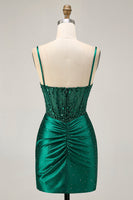 Load image into Gallery viewer, Sparkly Dark Green Satin Corset Short Tight Homecoming Dress with Beading