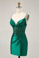 Load image into Gallery viewer, Sparkly Dark Green Satin Corset Short Tight Homecoming Dress with Beading