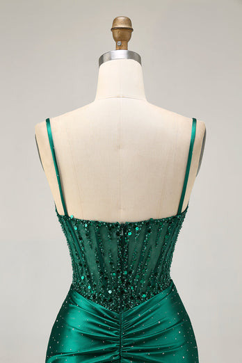 Sparkly Dark Green Satin Corset Short Tight Homecoming Dress with Beading