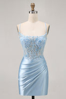Load image into Gallery viewer, Sparkly Blue Satin Tight Short Corset Homecoming Dress with Lace