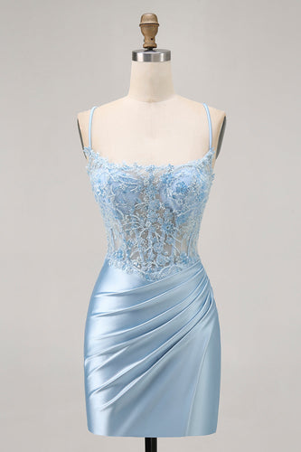 Sparkly Blue Satin Tight Short Corset Homecoming Dress with Lace